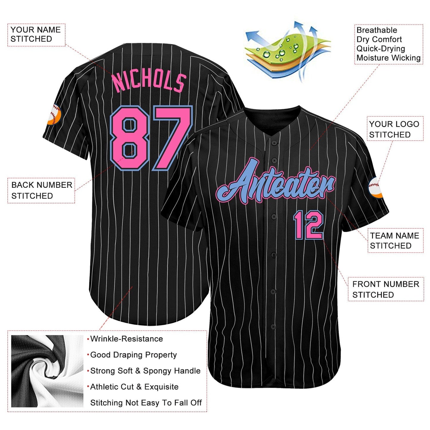 Custom Black White Pinstripe Pink-Light Blue Authentic Baseball Jersey baseball jersey product view 3
