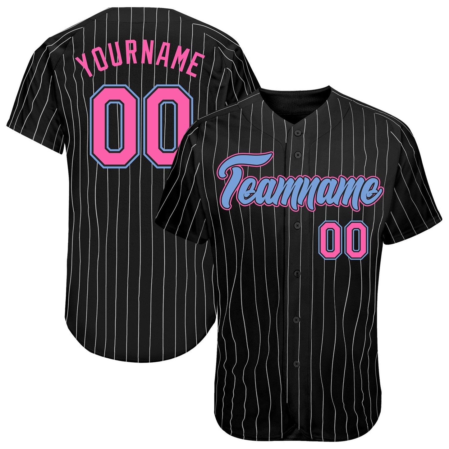 Custom Black White Pinstripe Pink-Light Blue Authentic Baseball Jersey baseball jersey product view 1