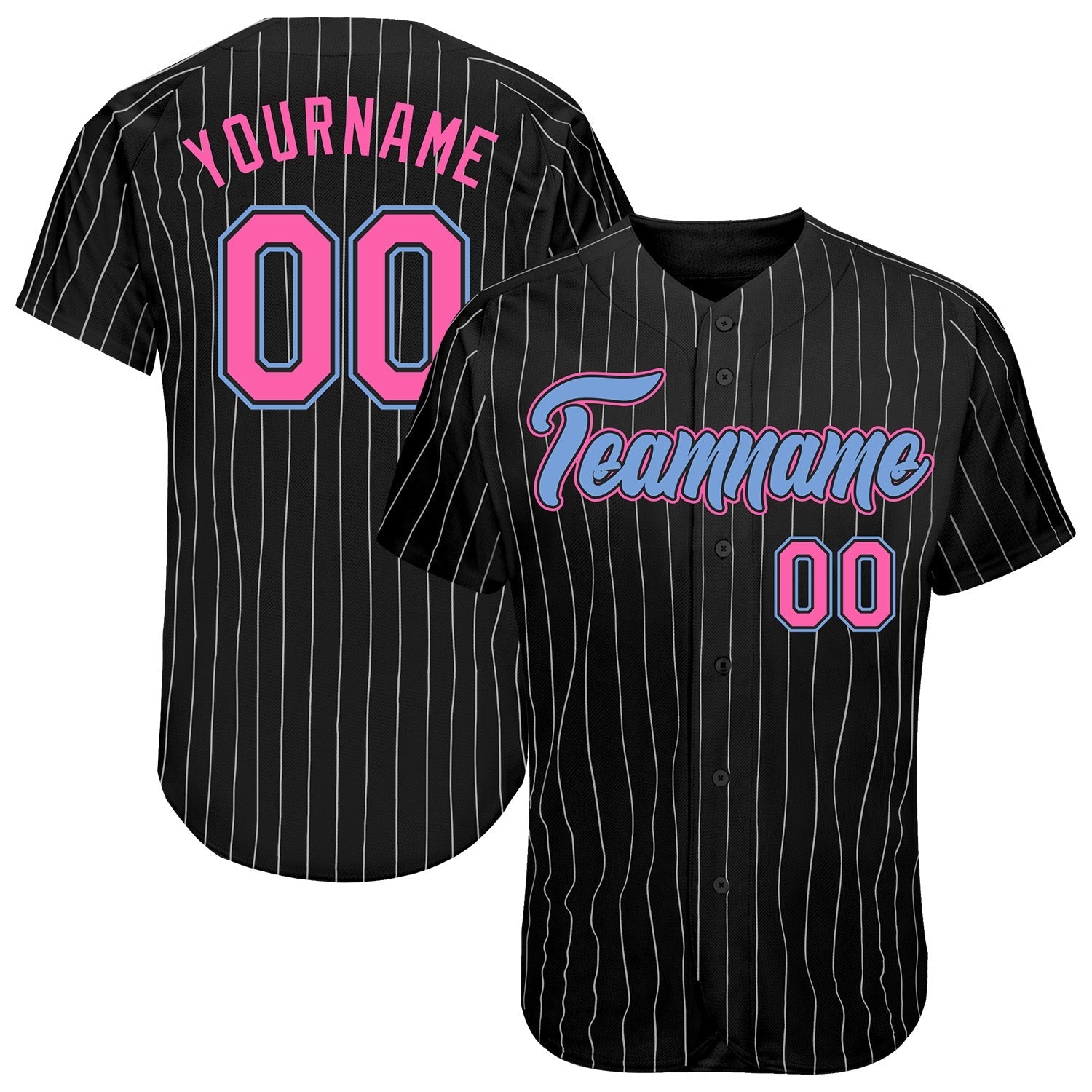 Custom Black White Pinstripe Pink-Light Blue Authentic Baseball Jersey baseball jersey product view 1