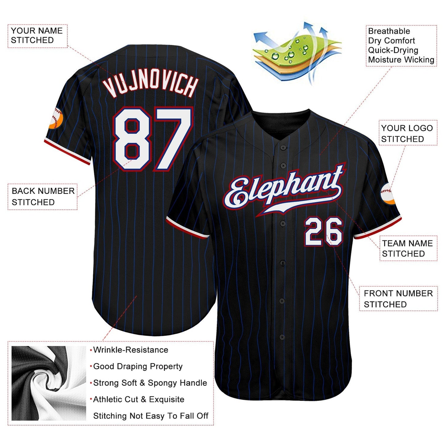 Custom Black Royal Pinstripe White-Red Authentic Baseball Jersey baseball jersey product view 3