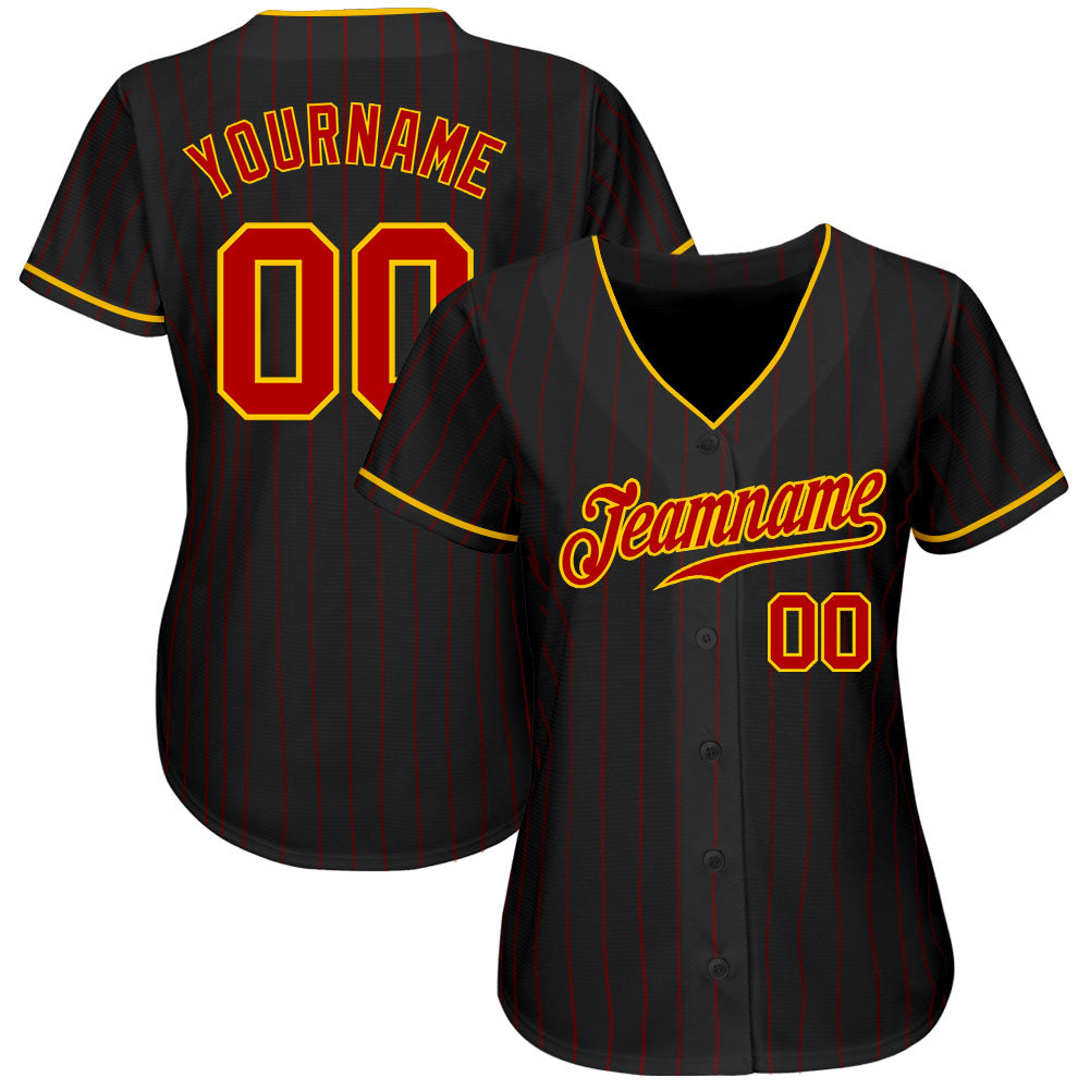 Custom Black Red Pinstripe Red-Gold Authentic Baseball Jersey baseball jersey product view 2