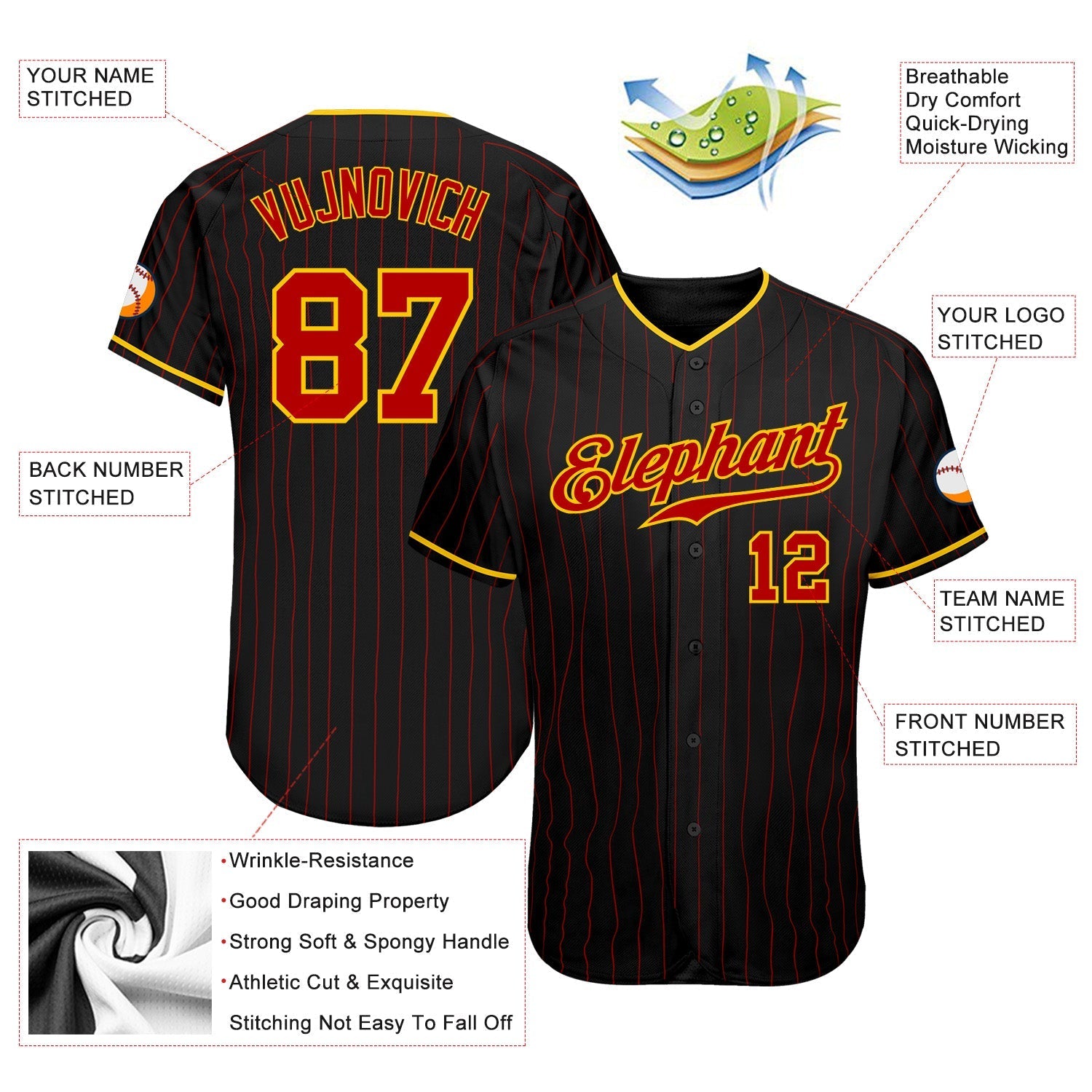 Custom Black Red Pinstripe Red-Gold Authentic Baseball Jersey baseball jersey product view 3