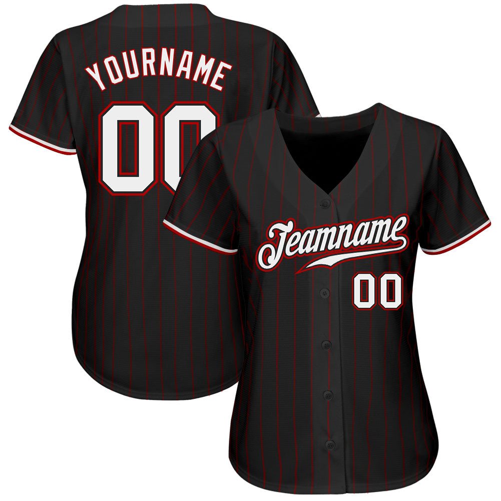 Custom Black Red Pinstripe White-Red Authentic Baseball Jersey baseball jersey product view 2