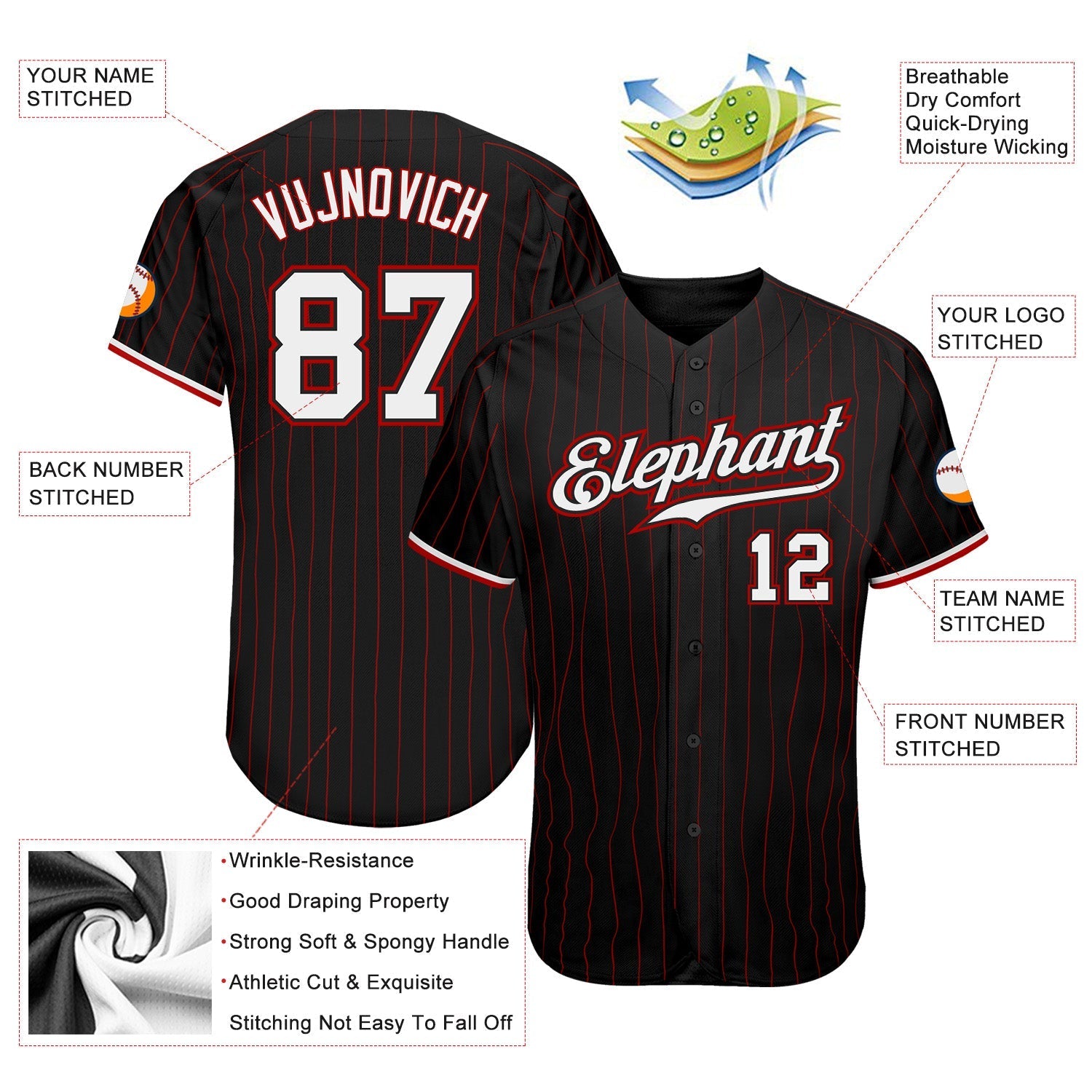 Custom Black Red Pinstripe White-Red Authentic Baseball Jersey baseball jersey product view 3