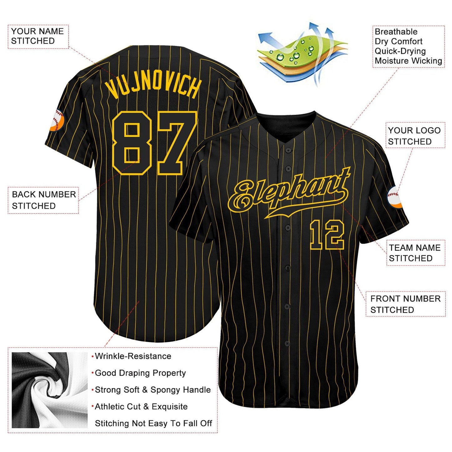 Custom Black Gold Pinstripe Black-Gold Authentic Baseball Jersey baseball jersey product view 3