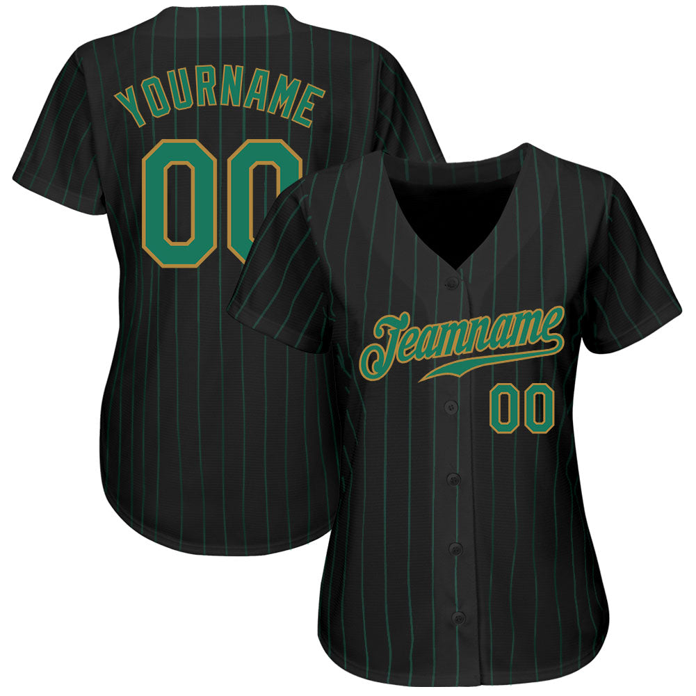 Custom Black Kelly Green Pinstripe Kelly Green-Old Gold Authentic Baseball Jersey baseball jersey product view 2