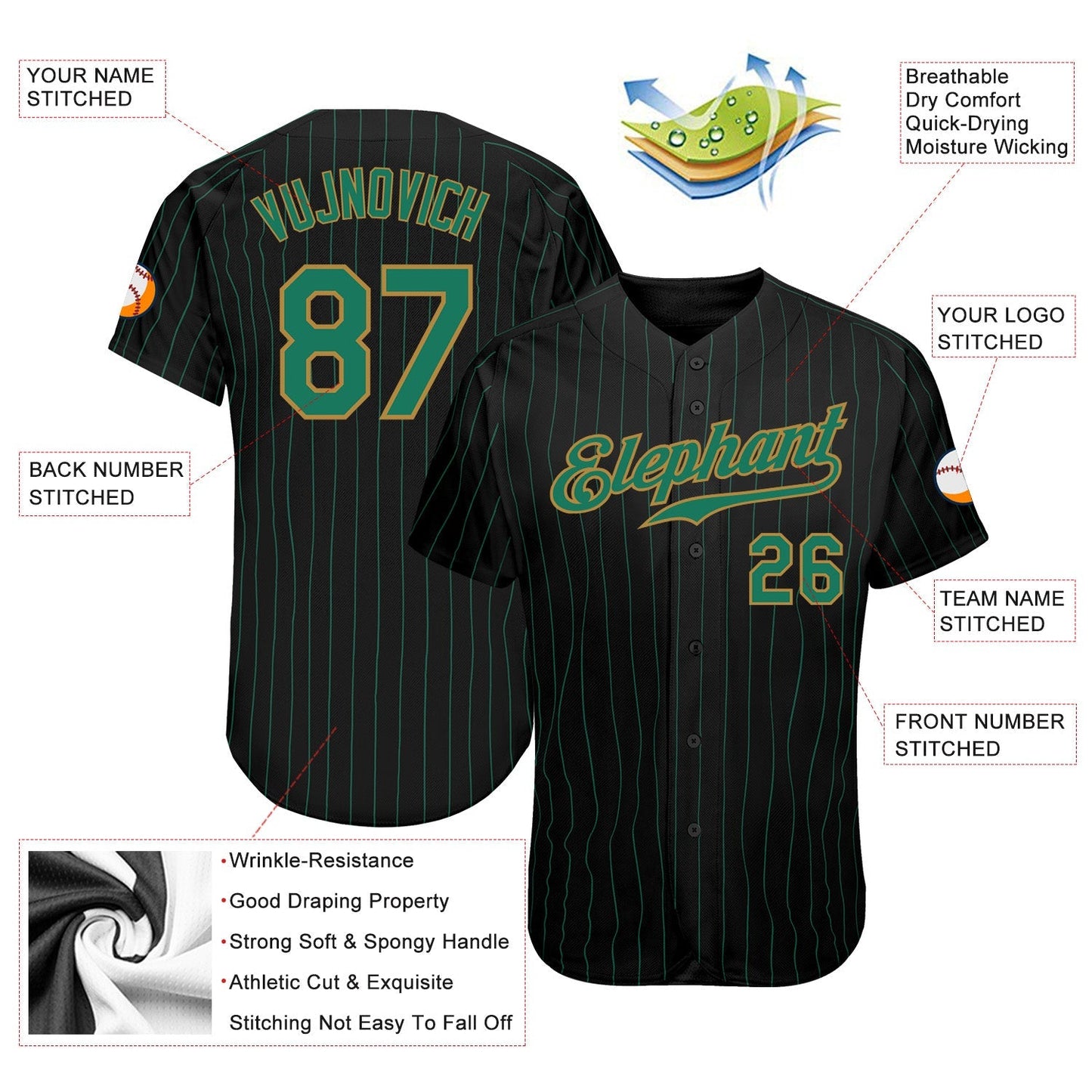 Custom Black Kelly Green Pinstripe Kelly Green-Old Gold Authentic Baseball Jersey baseball jersey product view 3