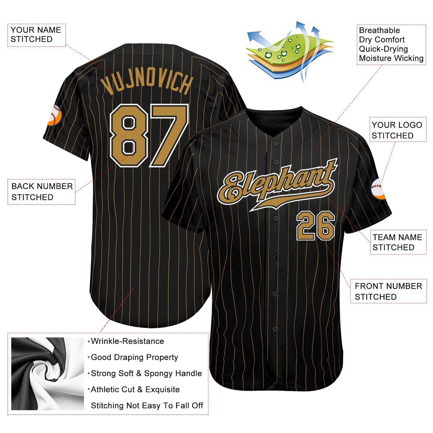 Custom Black Old Gold Pinstripe Old Gold-White Authentic Baseball Jersey baseball jersey product view 4