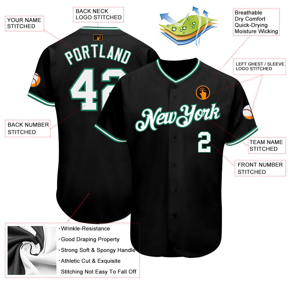 Custom Black White-Kelly Green Authentic Baseball Jersey baseball jersey product view 3