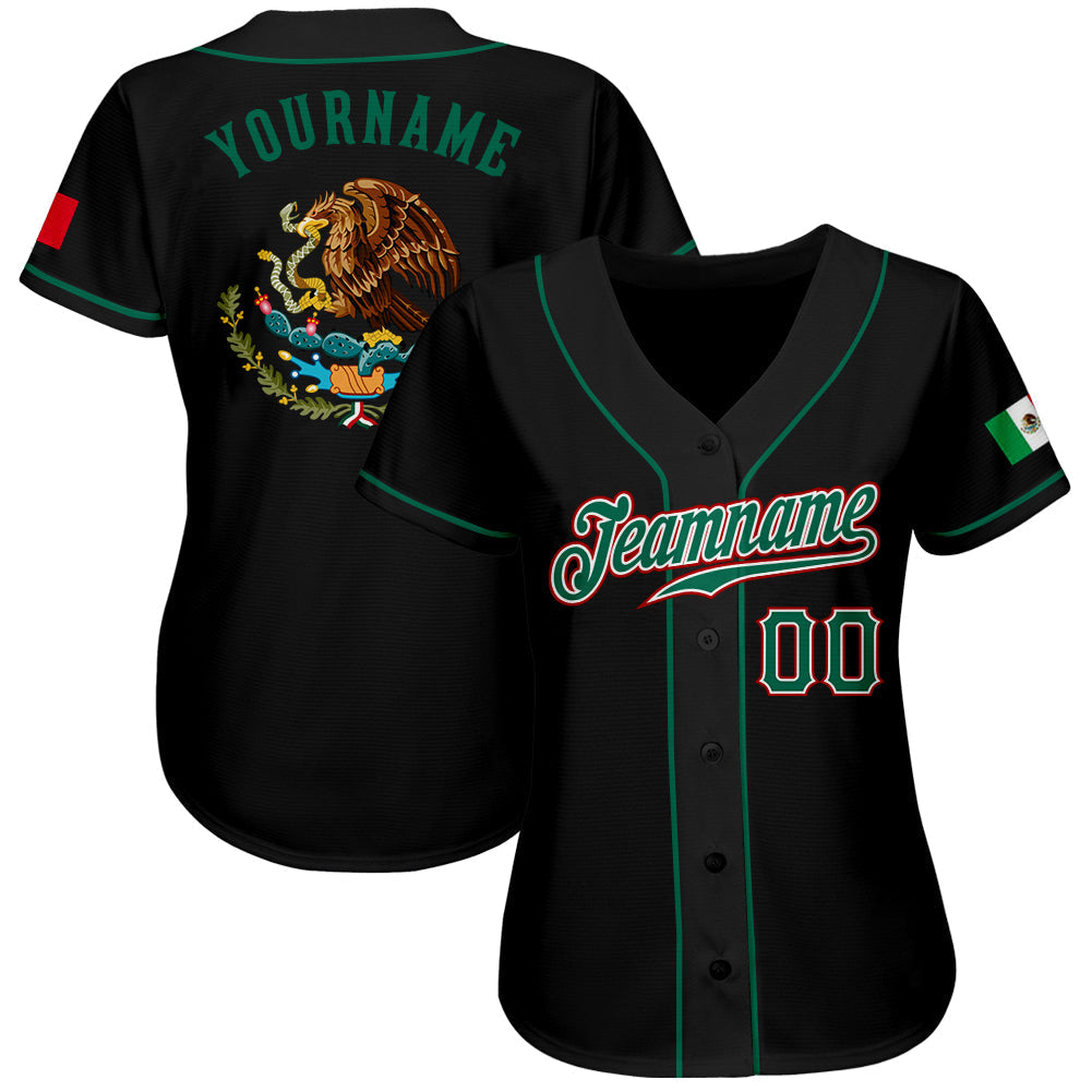 Custom Black Kelly Green-Red Authentic Mexican Flag Fashion Baseball Jersey baseball jersey product view 2