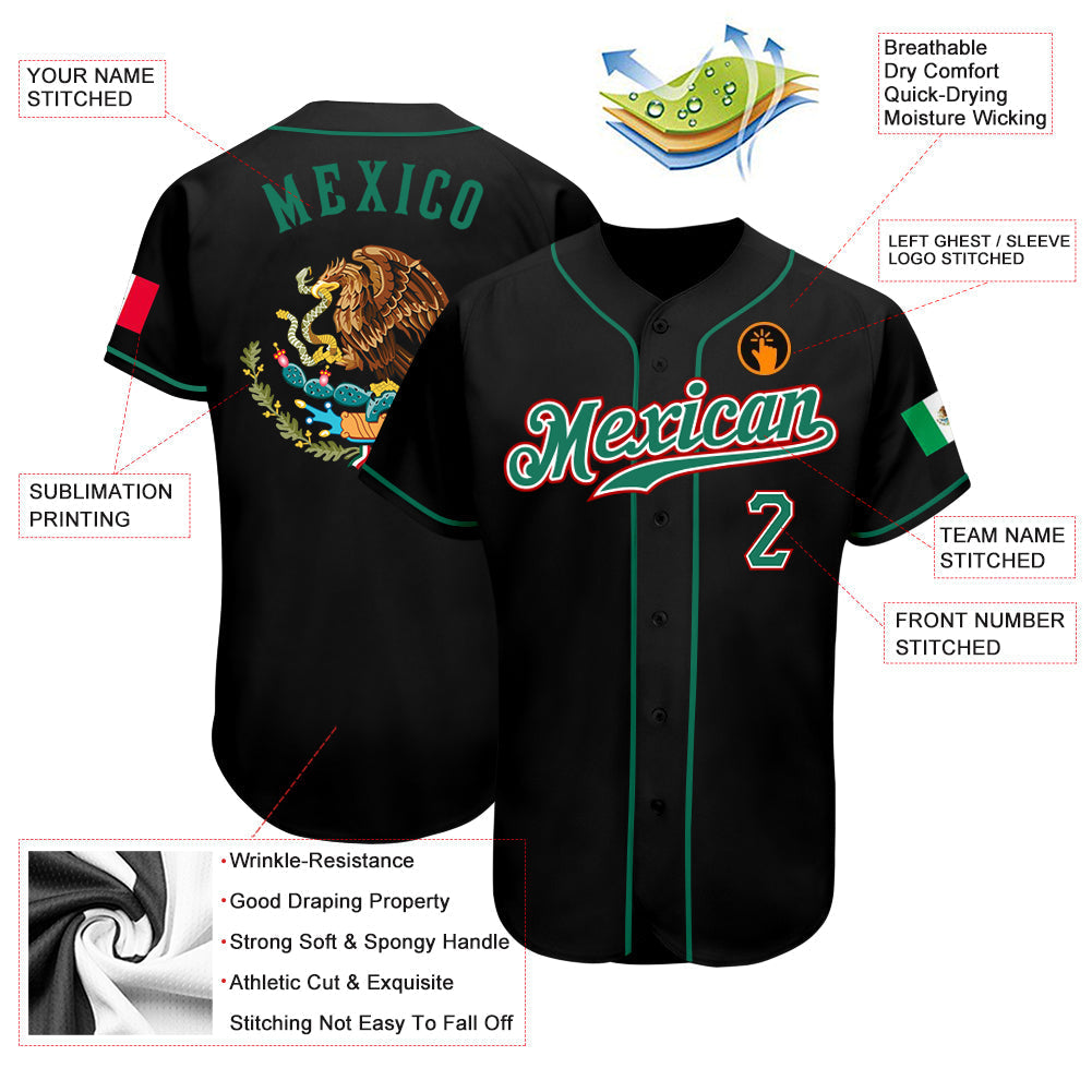 Custom Black Kelly Green-Red Authentic Mexican Flag Fashion Baseball Jersey baseball jersey product view 3