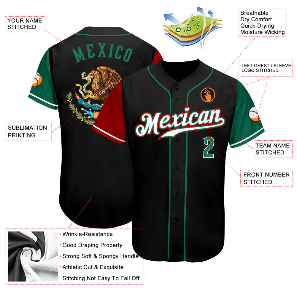 Custom Black Kelly Green-Red Authentic Mexico Two Tone Baseball Jersey baseball jersey product view 3