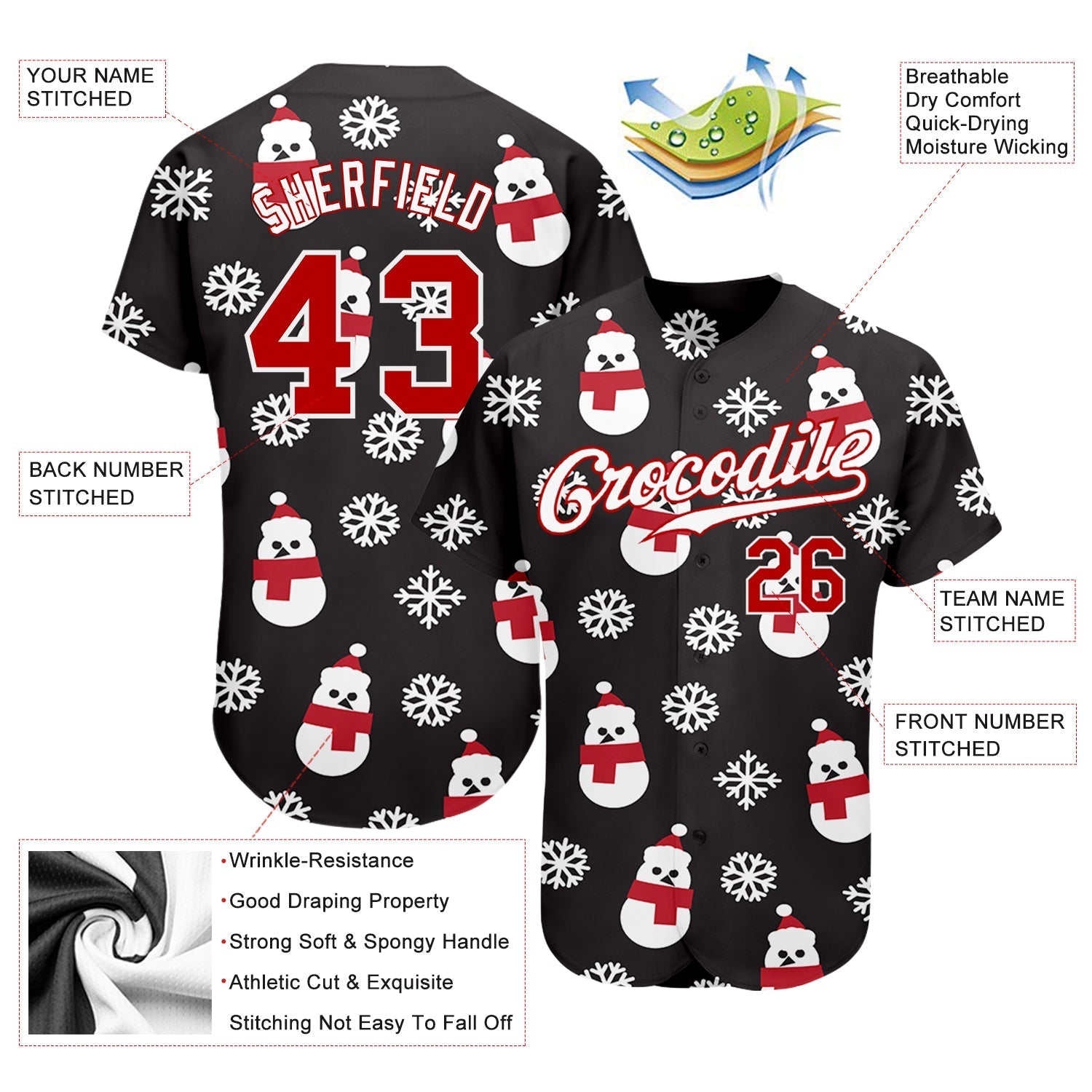 Custom Black Red-White Christmas 3D Authentic Baseball Jersey baseball jersey product view 3