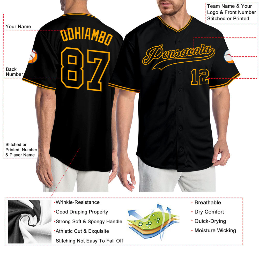 Custom Black Black-Gold Authentic Baseball Jersey baseball jersey product view 3