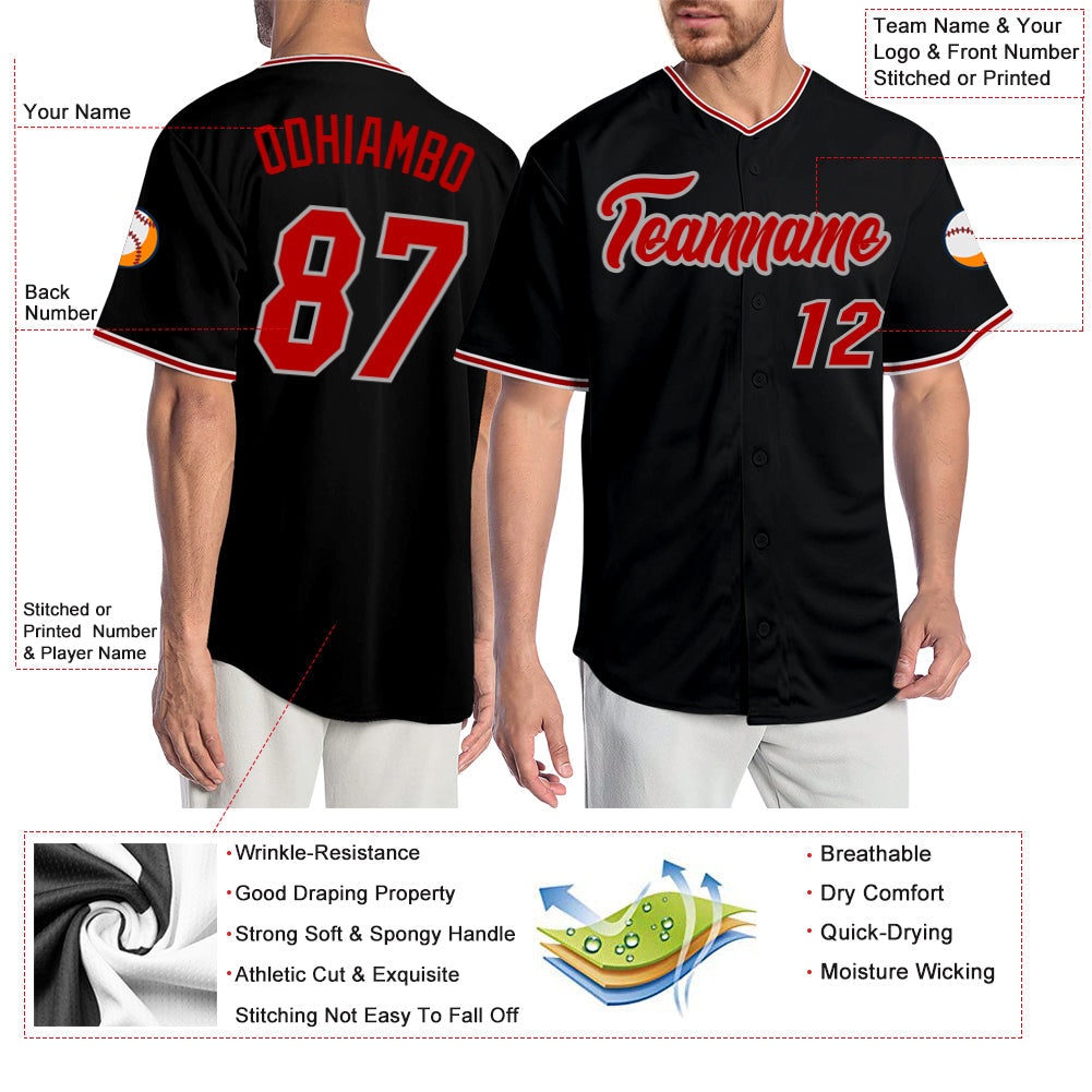 Custom Black Red-Gray Authentic Baseball Jersey baseball jersey product view 3