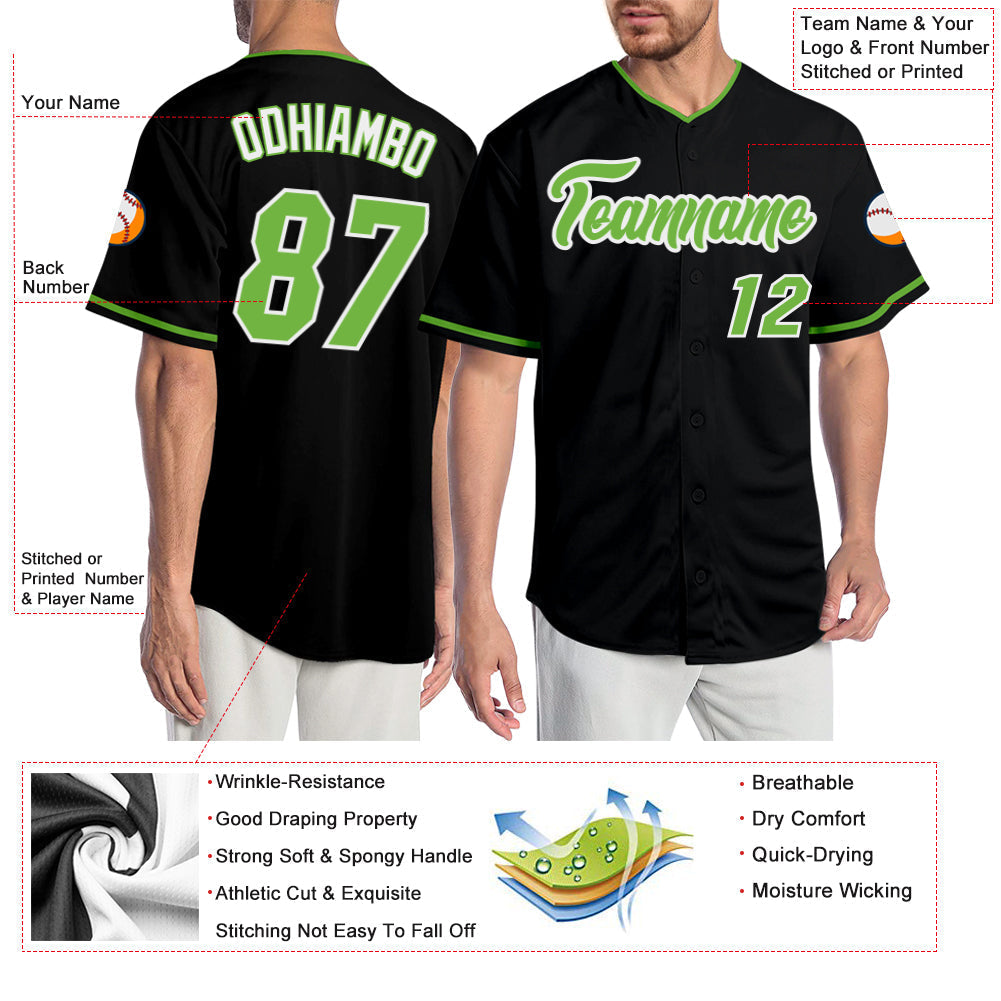 Custom Black Neon Green-White Authentic Baseball Jersey baseball jersey product view 3