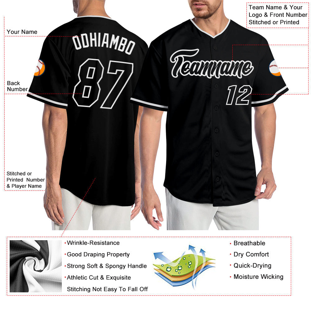 Custom Black Black-White Authentic Baseball Jersey baseball jersey product view 3
