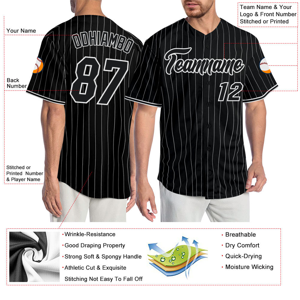 Custom Black White Pinstripe Black-White Authentic Baseball Jersey baseball jersey product view 3