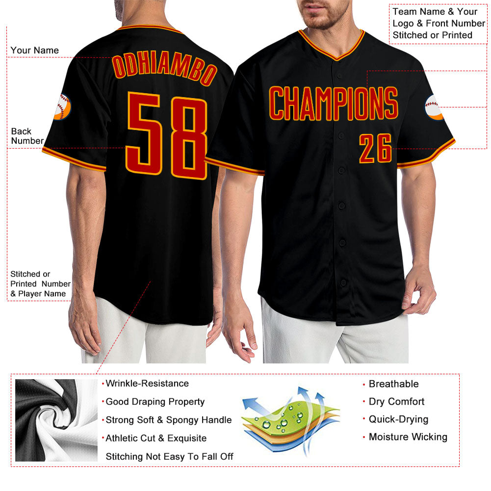 Custom Black Red-Gold Authentic Baseball Jersey baseball jersey product view 3