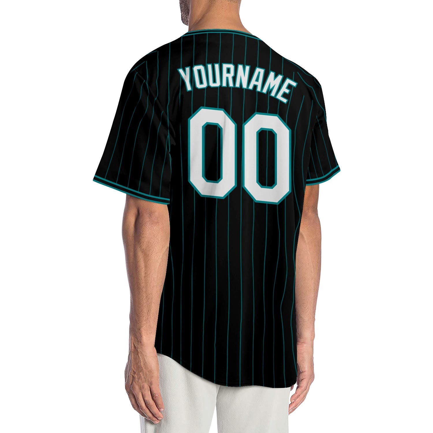 Custom Black Teal Pinstripe White-Teal Authentic Baseball Jersey baseball jersey product view 2