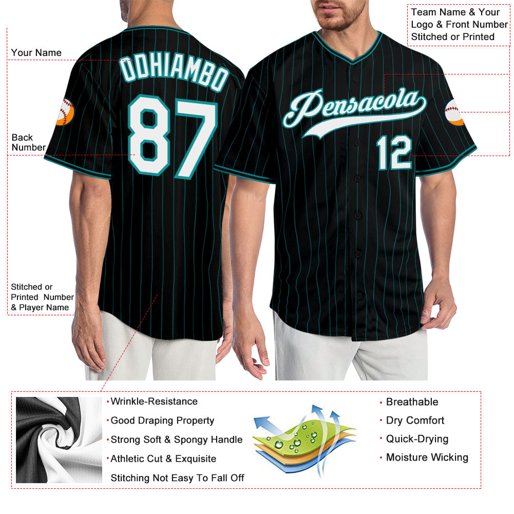 Custom Black Teal Pinstripe White-Teal Authentic Baseball Jersey baseball jersey product view 3