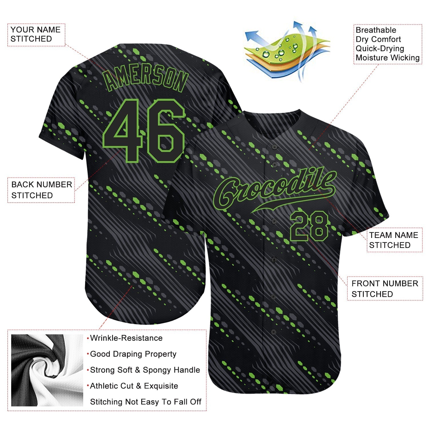 Custom Black Black-Neon Green 3D Pattern Design Authentic Baseball Jersey baseball jersey product view 3