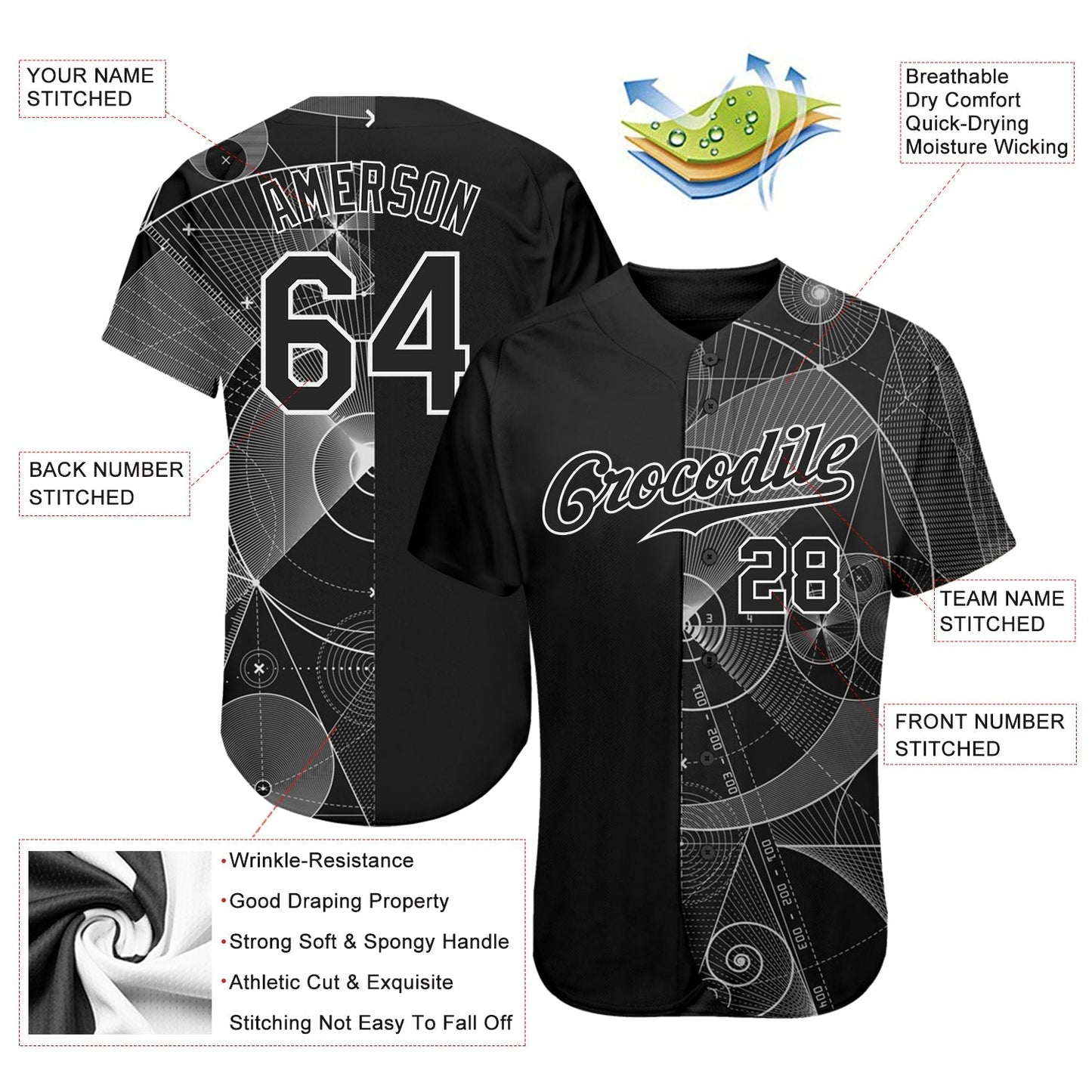 Custom Black Black-White 3D Pattern Design Geometry Authentic Baseball Jersey baseball jersey product view 4