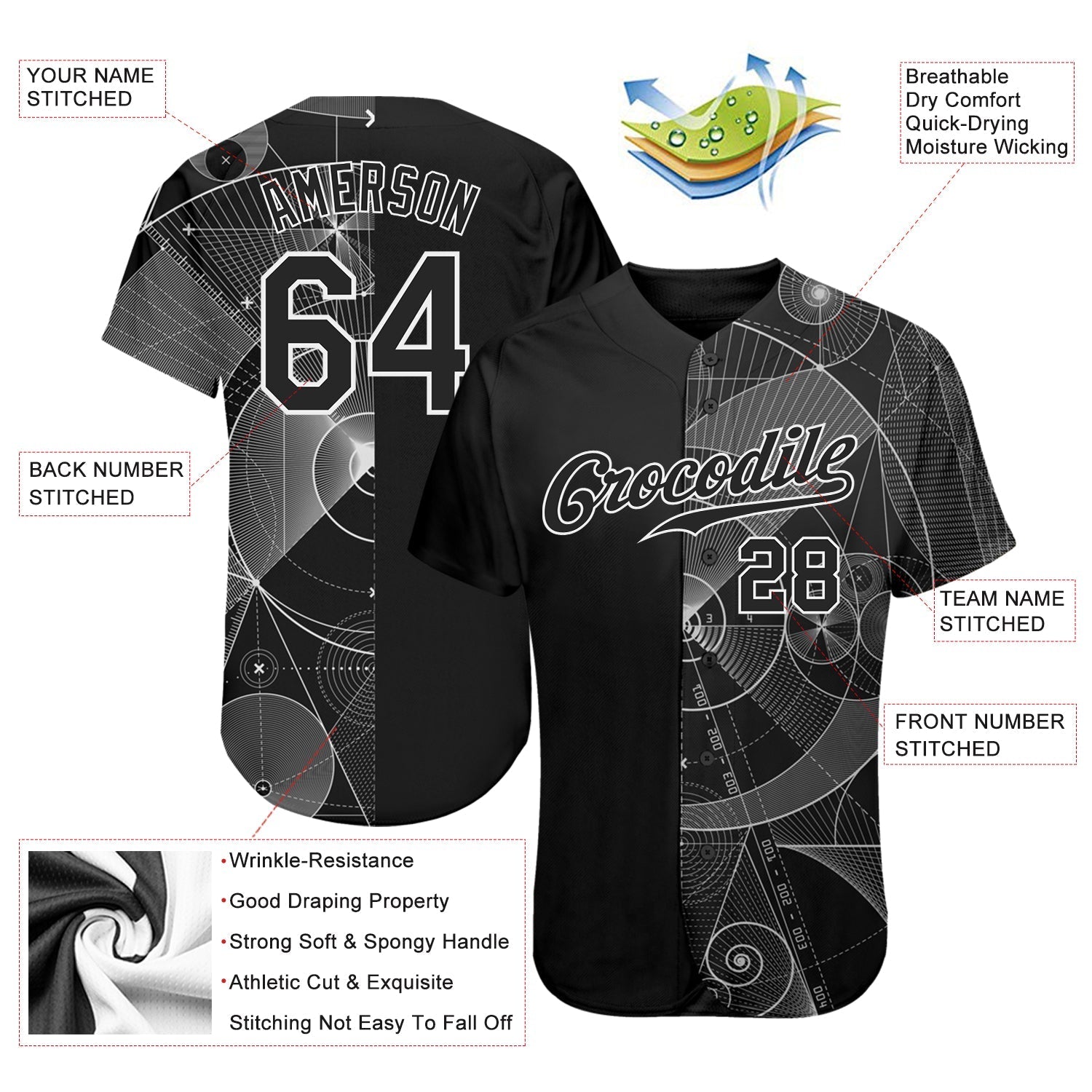 Custom Black Black-White 3D Pattern Design Geometry Authentic Baseball Jersey baseball jersey product view 4