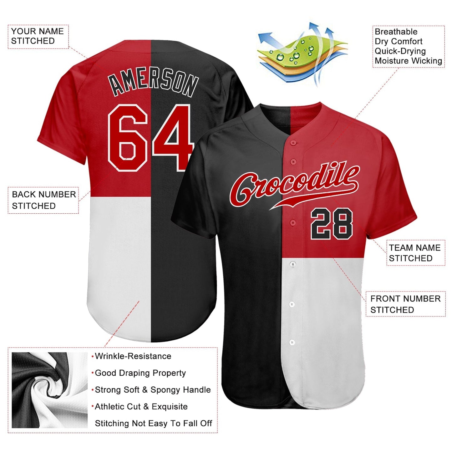 Custom Black Red-White 3D Pattern Design Multicolor Authentic Baseball Jersey baseball jersey product view 3
