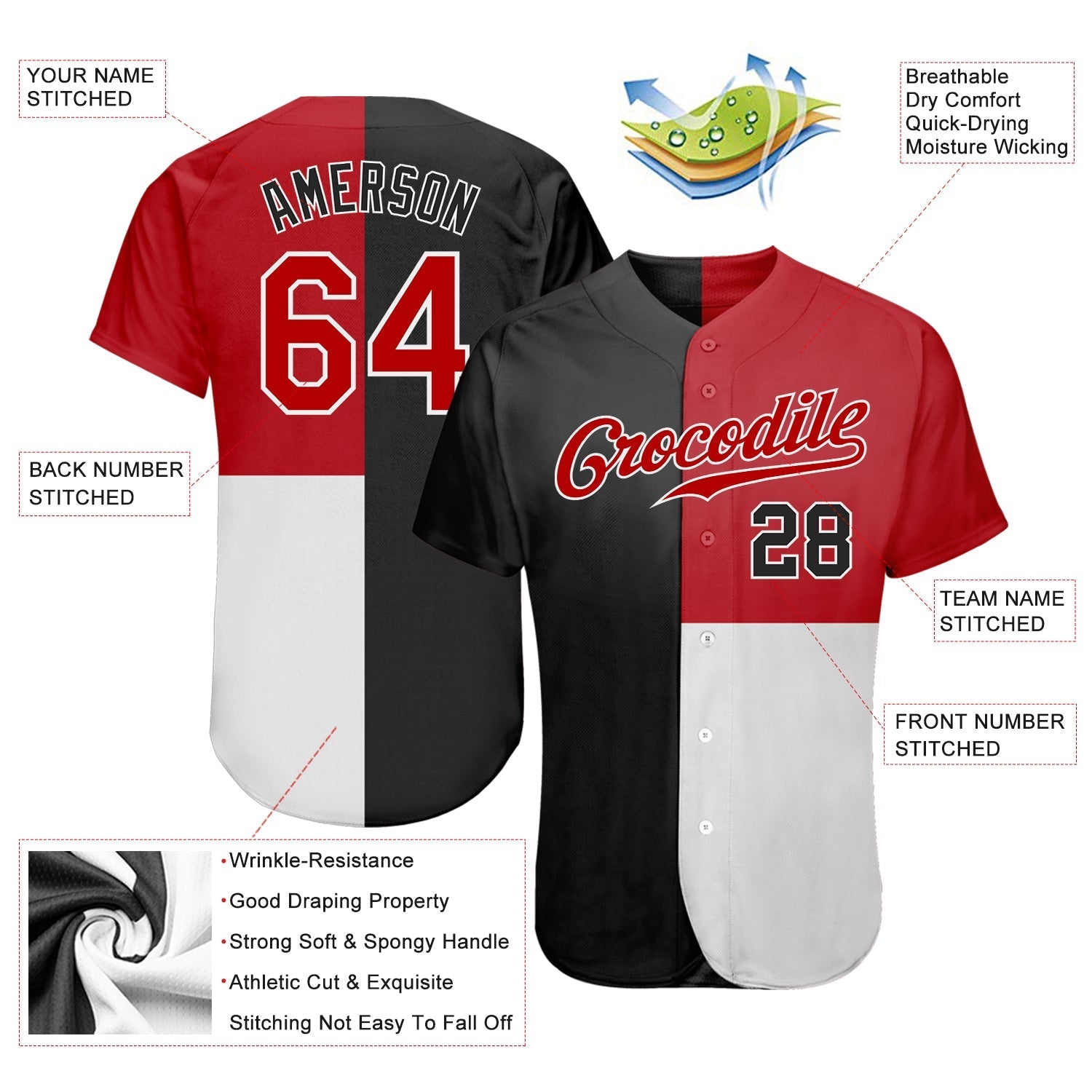 Custom Black Red-White 3D Pattern Design Multicolor Authentic Baseball Jersey baseball jersey product view 3