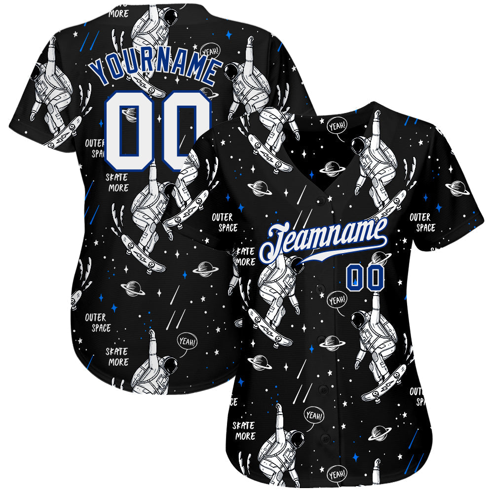 Custom Black White-Royal 3D Pattern Design Astronaut Authentic Baseball Jersey baseball jersey product view 2
