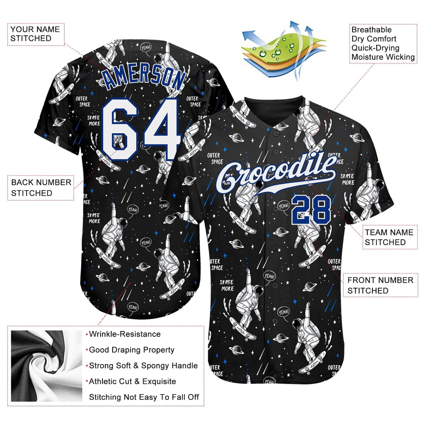 Custom Black White-Royal 3D Pattern Design Astronaut Authentic Baseball Jersey baseball jersey product view 3