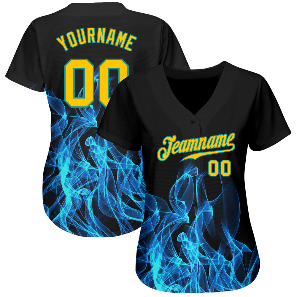 Custom Black Gold-Teal 3D Pattern Design Flame Authentic Baseball Jersey baseball jersey product view 2