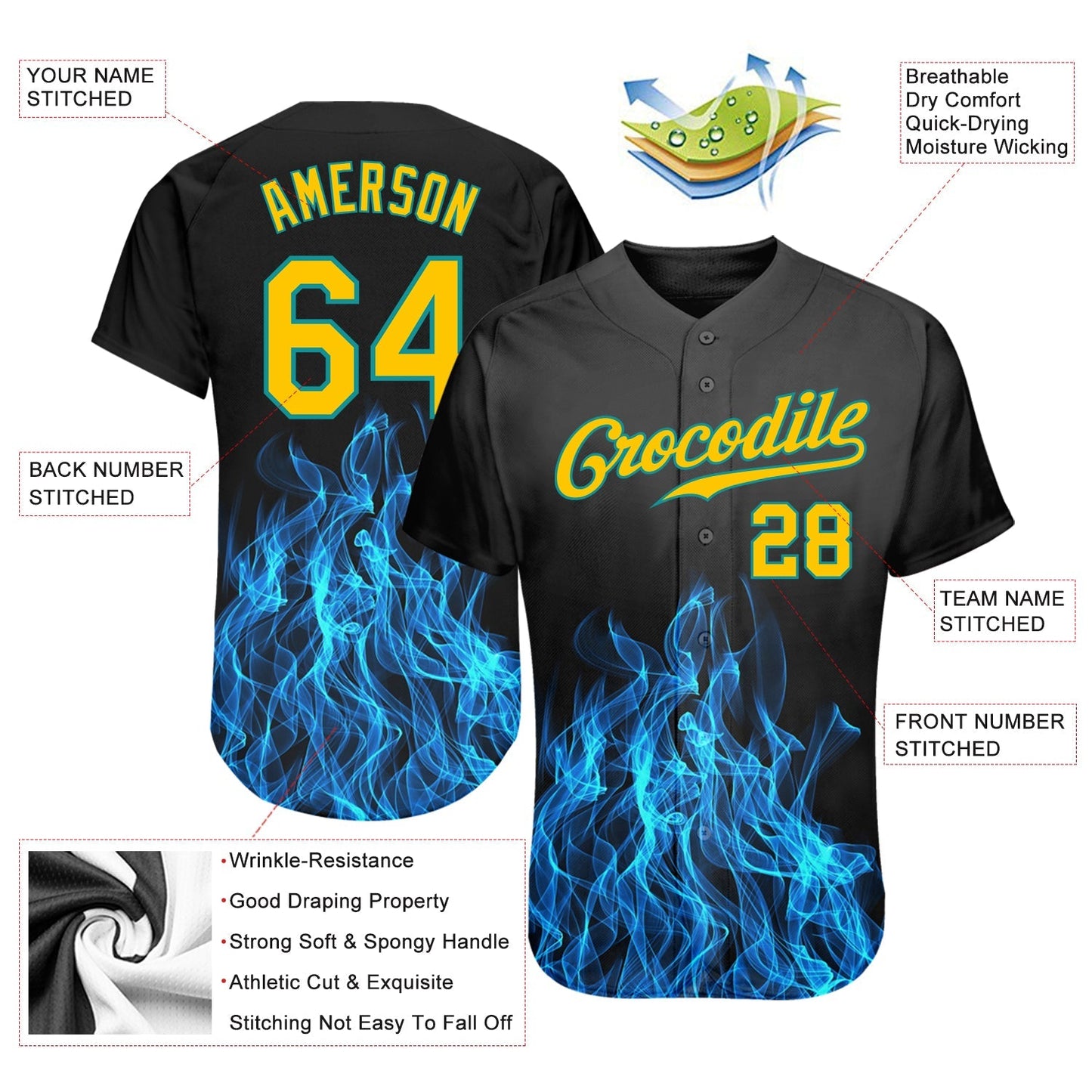 Custom Black Gold-Teal 3D Pattern Design Flame Authentic Baseball Jersey baseball jersey product view 3