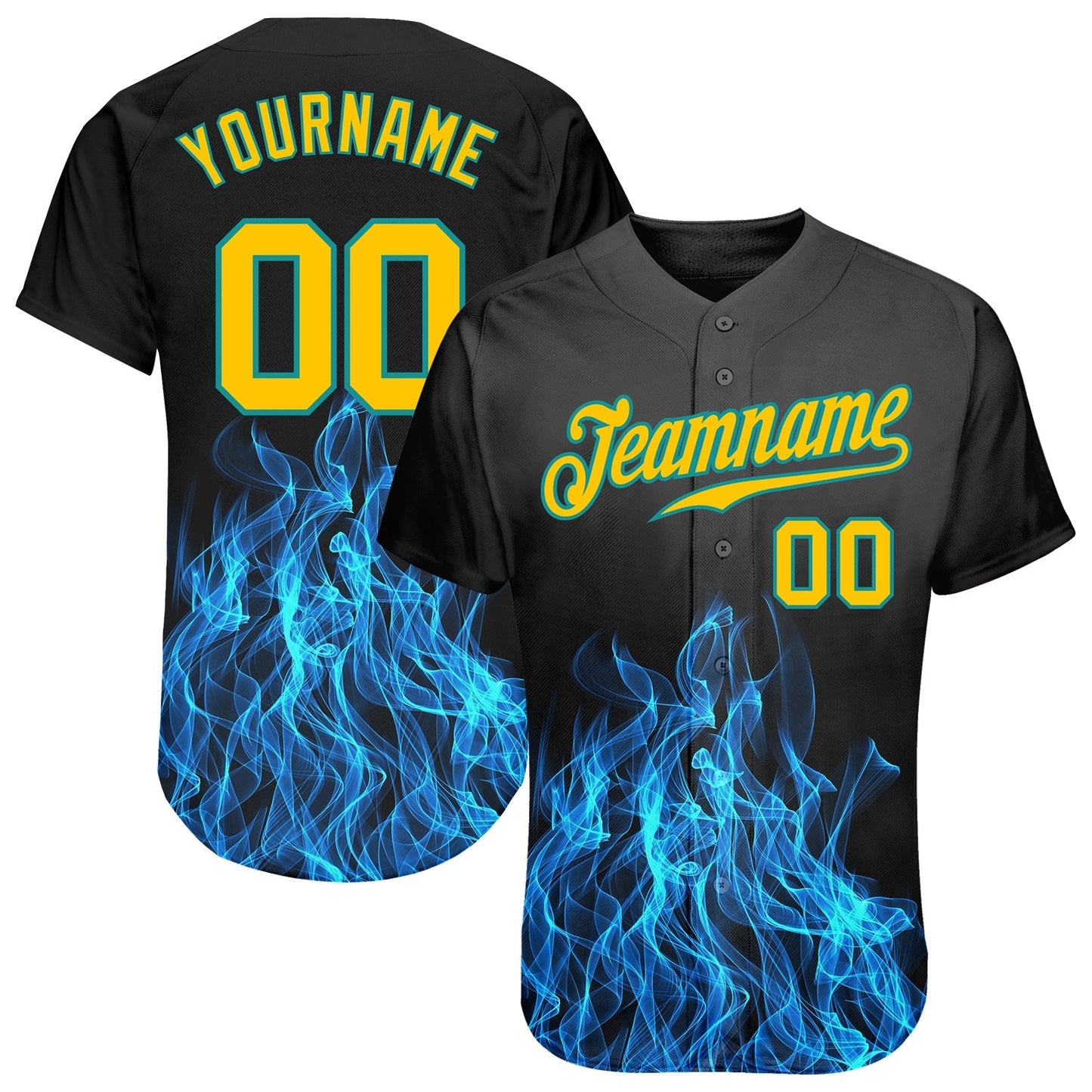 Custom Black Gold-Teal 3D Pattern Design Flame Authentic Baseball Jersey baseball jersey product view 1