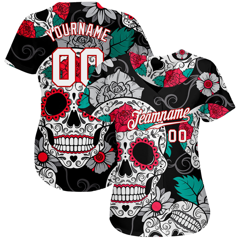 Custom Black White-Red 3D Skull Fashion Authentic Baseball Jersey baseball jersey product view 2