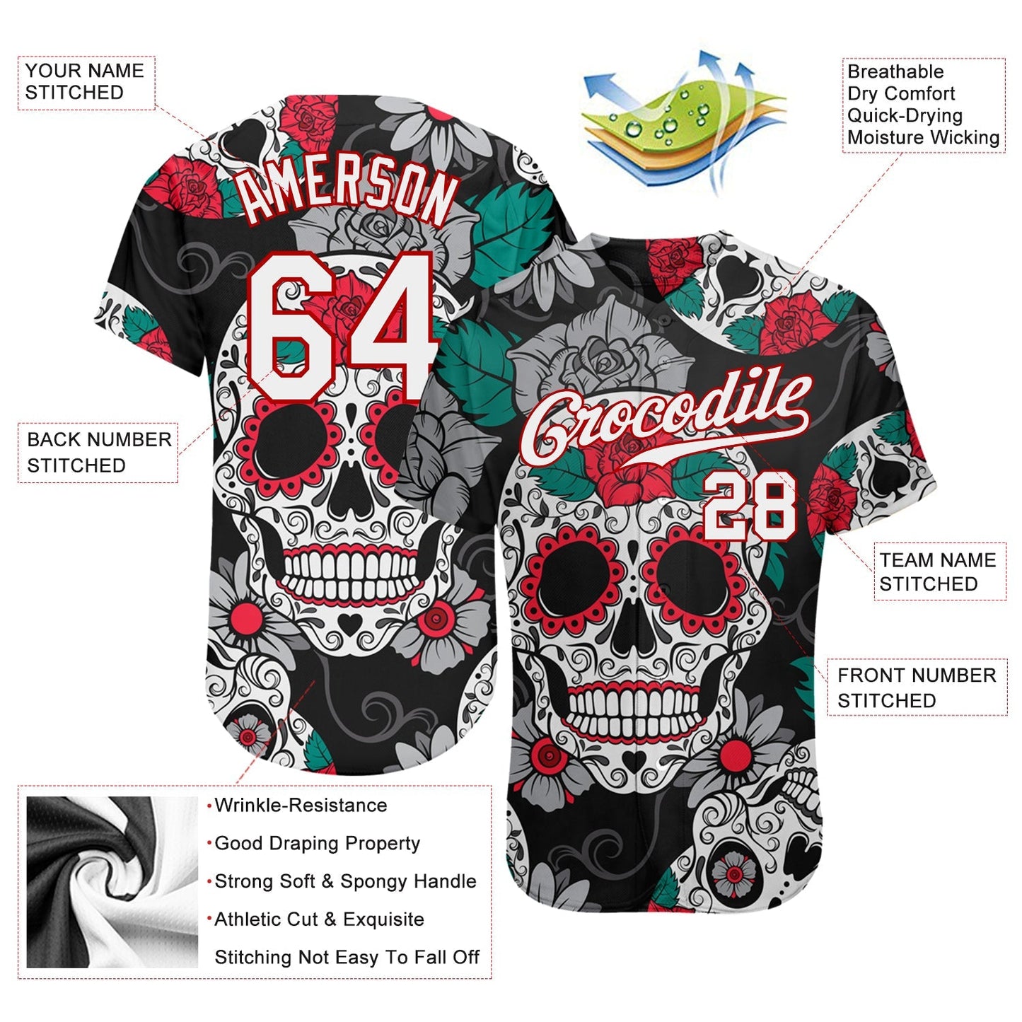 Custom Black White-Red 3D Skull Fashion Authentic Baseball Jersey baseball jersey product view 3