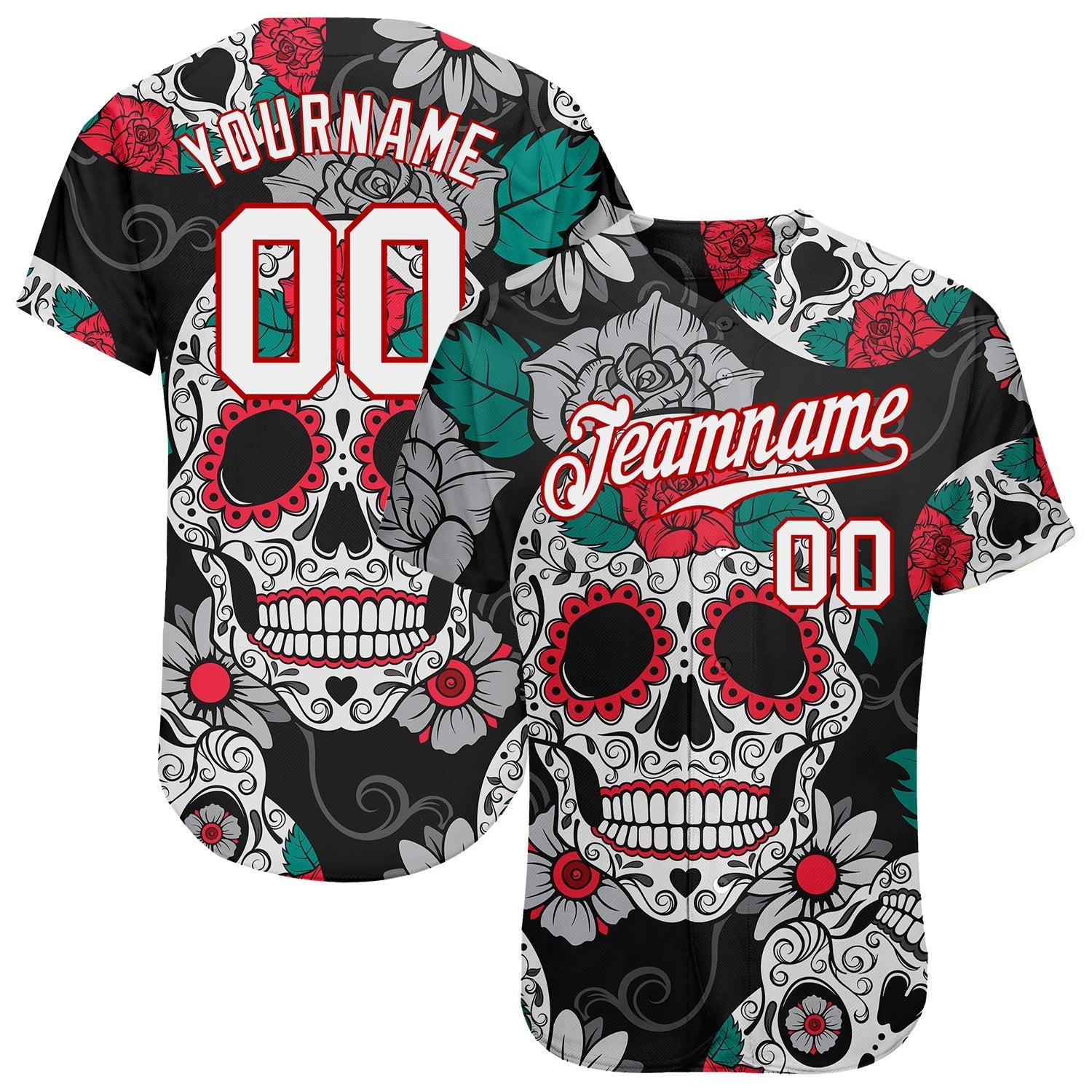 Custom Black White-Red 3D Skull Fashion Authentic Baseball Jersey baseball jersey product view 1