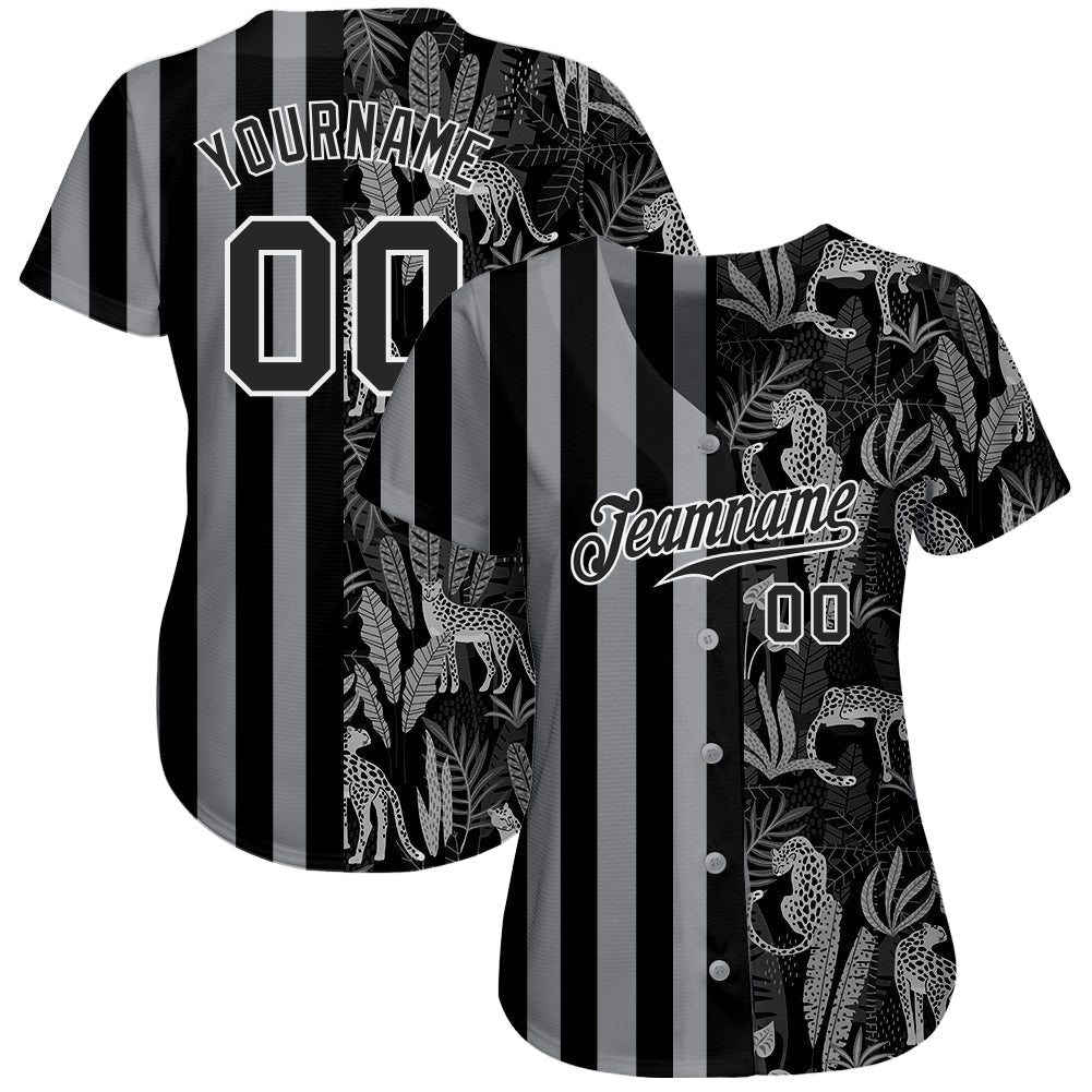 Custom Black Black-Gray 3D Pattern Design Leopards And Tropical Palm Leaves Authentic Baseball Jersey baseball jersey product view 2