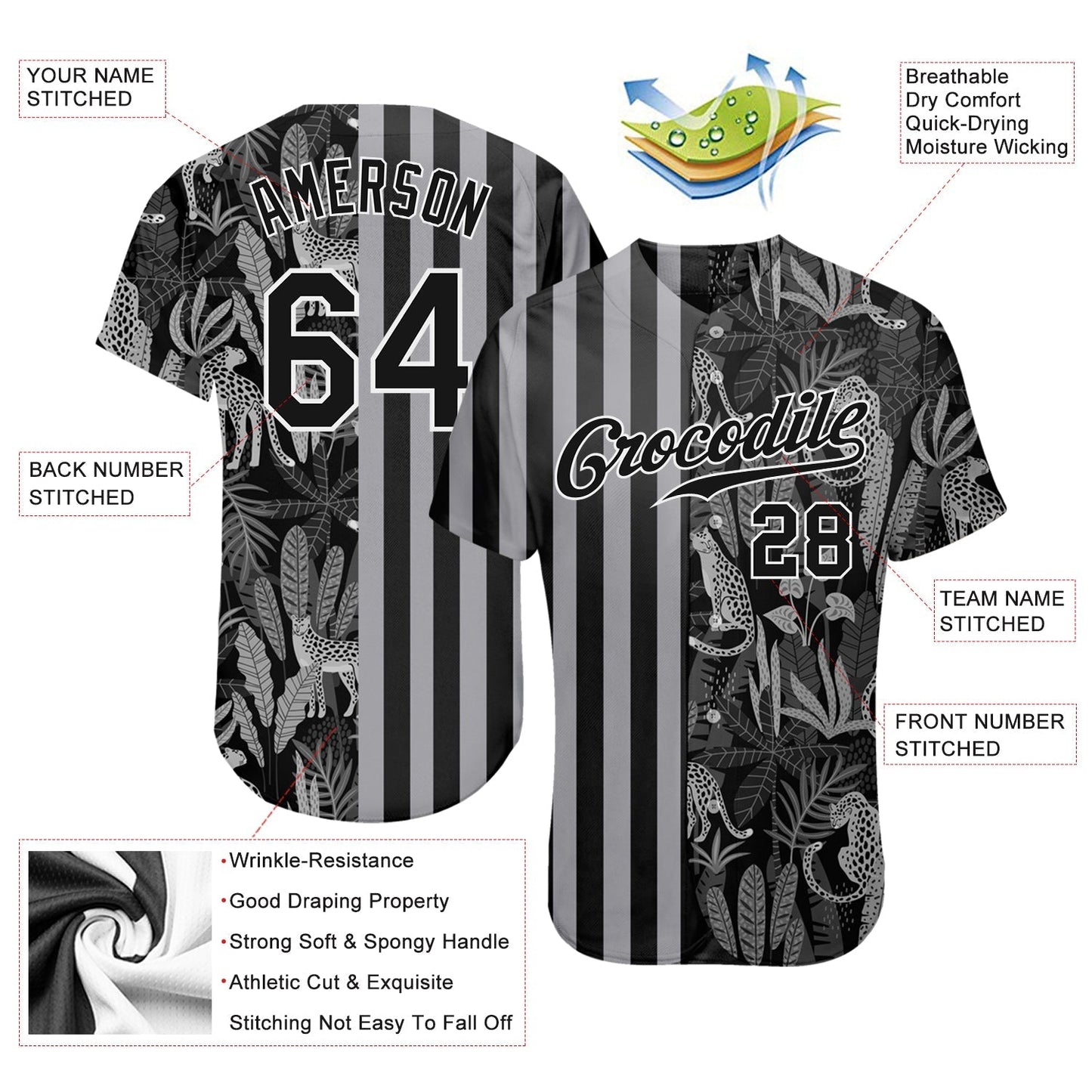 Custom Black Black-Gray 3D Pattern Design Leopards And Tropical Palm Leaves Authentic Baseball Jersey baseball jersey product view 3