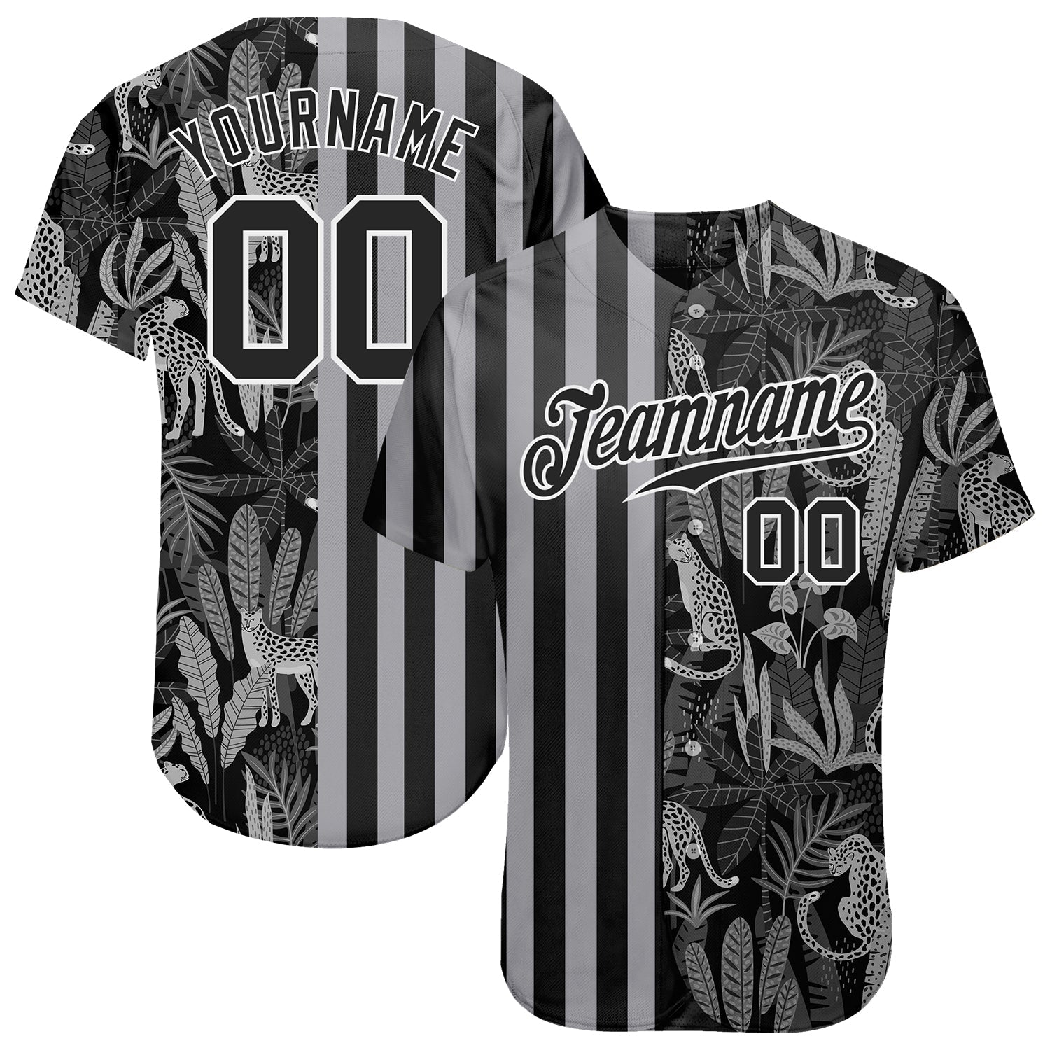 Custom Black Black-Gray 3D Pattern Design Leopards And Tropical Palm Leaves Authentic Baseball Jersey baseball jersey product view 1