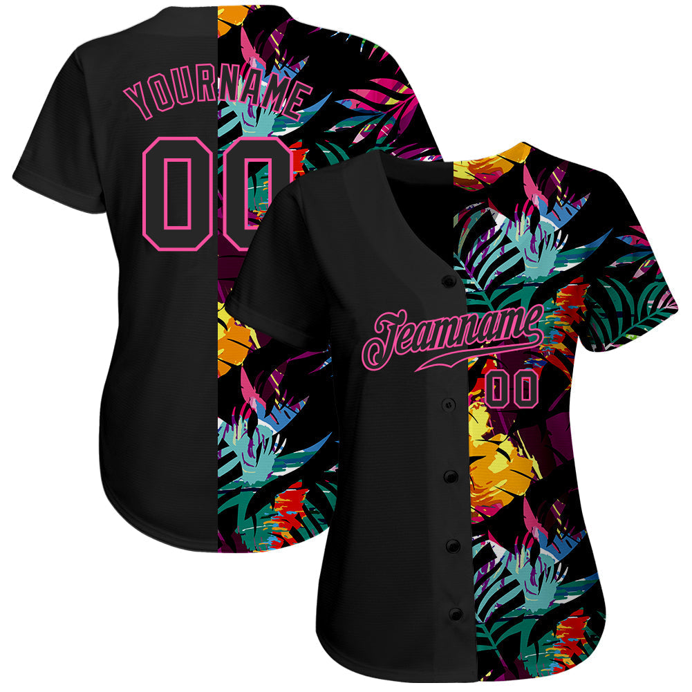 Custom Black Black-Pink 3D Pattern Design Tropical Palm Leaves Authentic Baseball Jersey baseball jersey product view 2