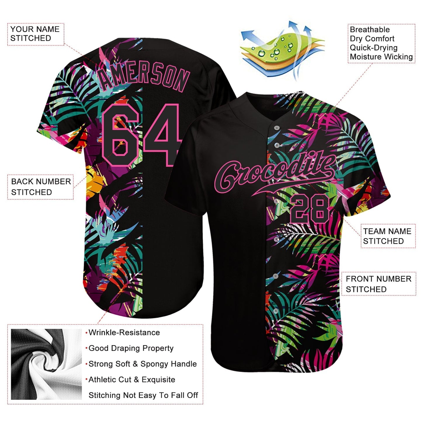 Custom Black Black-Pink 3D Pattern Design Tropical Palm Leaves Authentic Baseball Jersey baseball jersey product view 3