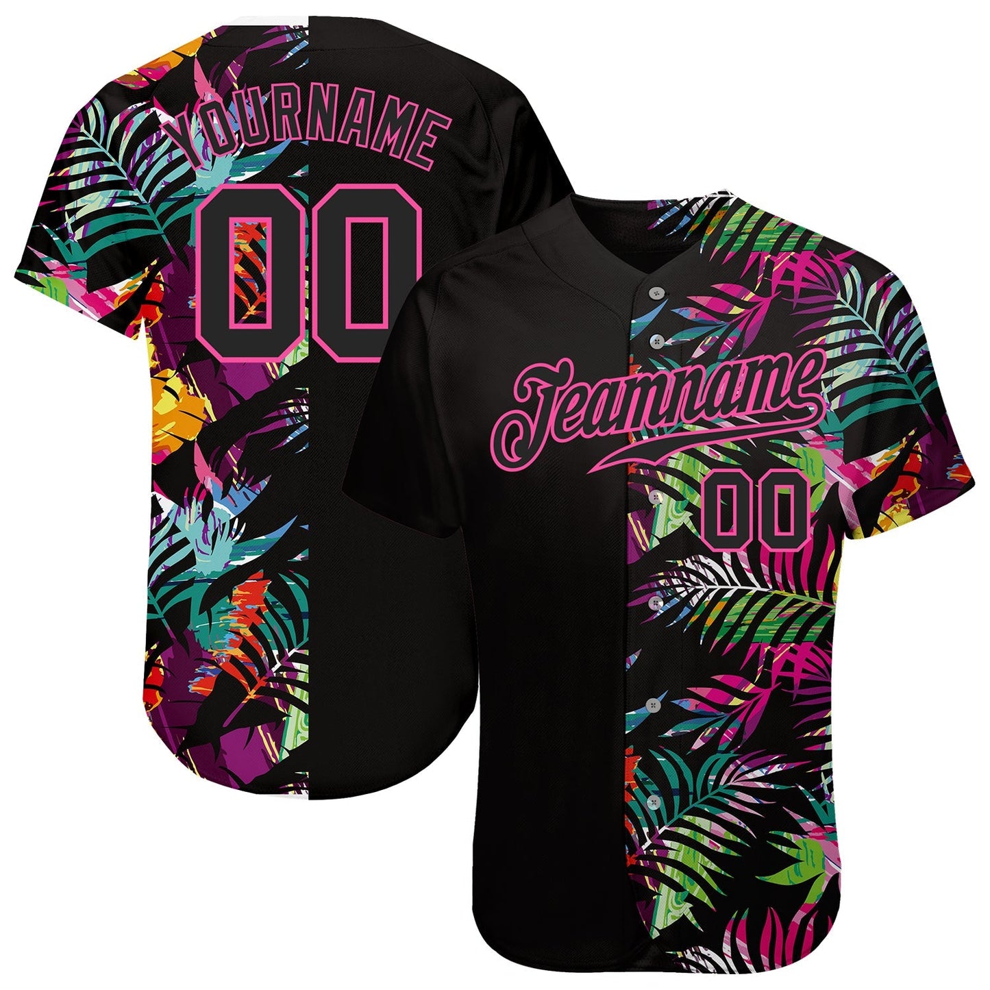Custom Black Black-Pink 3D Pattern Design Tropical Palm Leaves Authentic Baseball Jersey baseball jersey product view 1