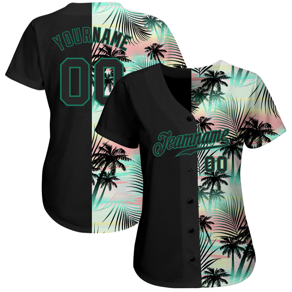 Custom Black Black-Kelly Green 3D Pattern Design Tropical Palm Leaves Authentic Baseball Jersey baseball jersey product view 2