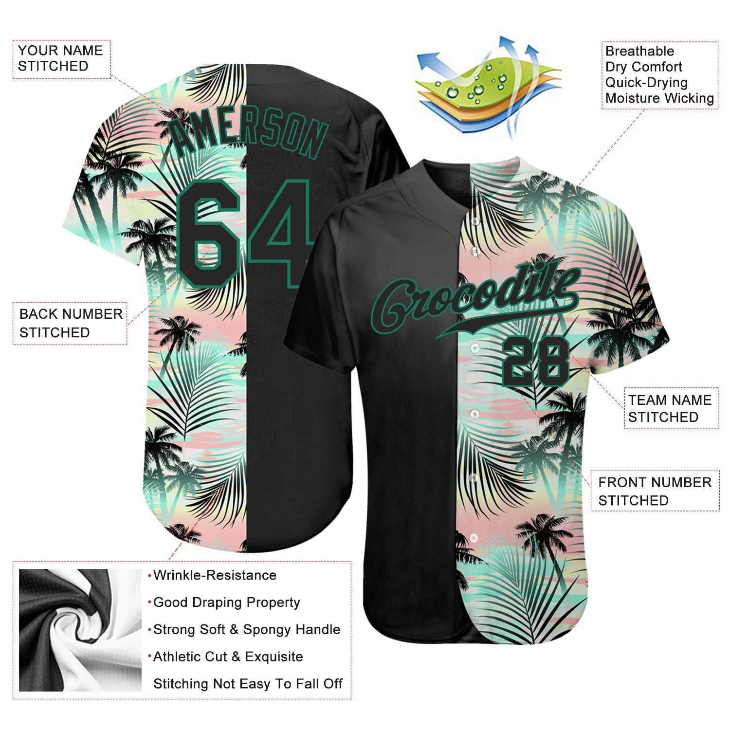 Custom Black Black-Kelly Green 3D Pattern Design Tropical Palm Leaves Authentic Baseball Jersey baseball jersey product view 3