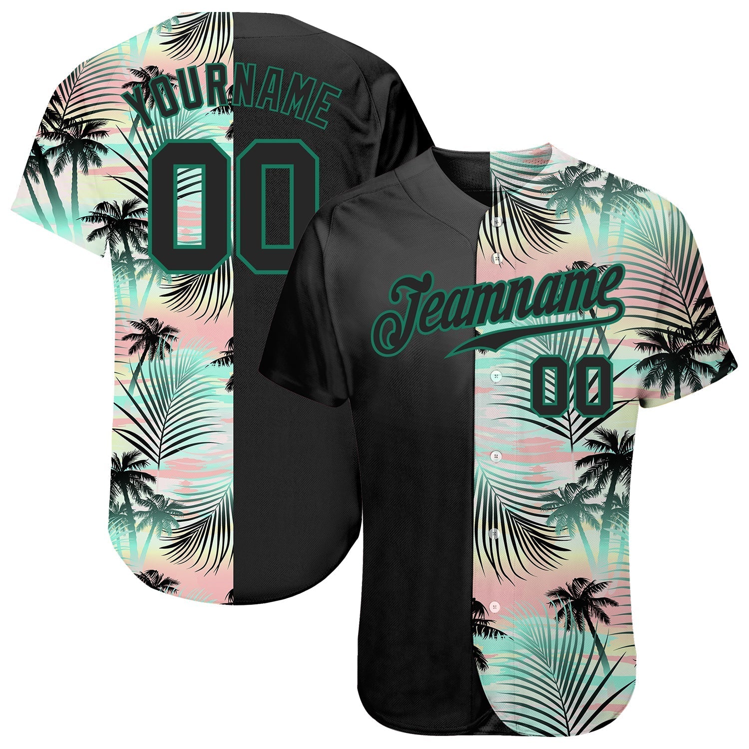Custom Black Black-Kelly Green 3D Pattern Design Tropical Palm Leaves Authentic Baseball Jersey baseball jersey product view 1