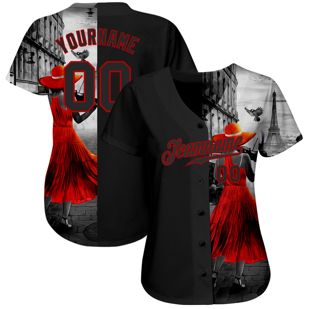 Custom Black Black-Red 3D Pattern Design A Girl With The Eiffel Tower Authentic Baseball Jersey baseball jersey product view 2