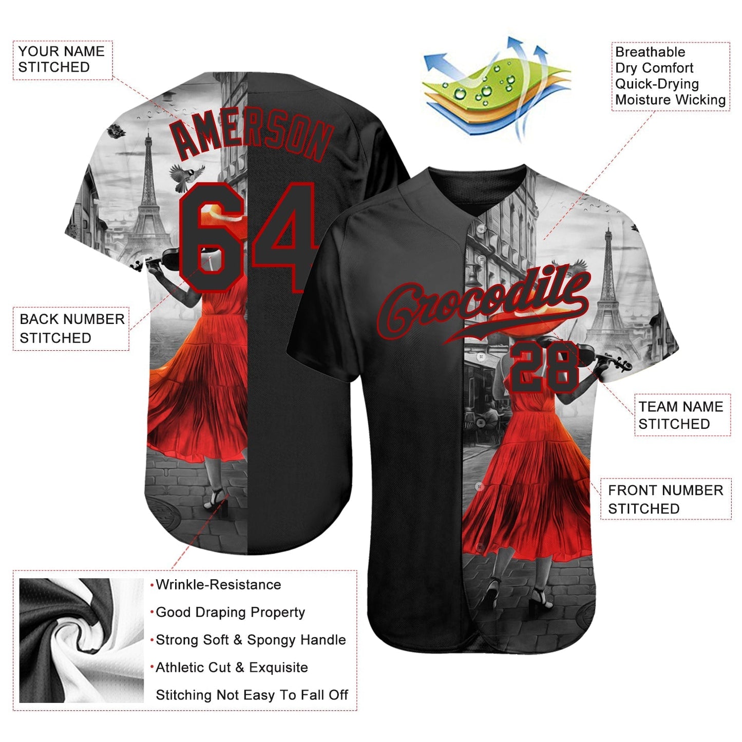 Custom Black Black-Red 3D Pattern Design A Girl With The Eiffel Tower Authentic Baseball Jersey baseball jersey product view 3