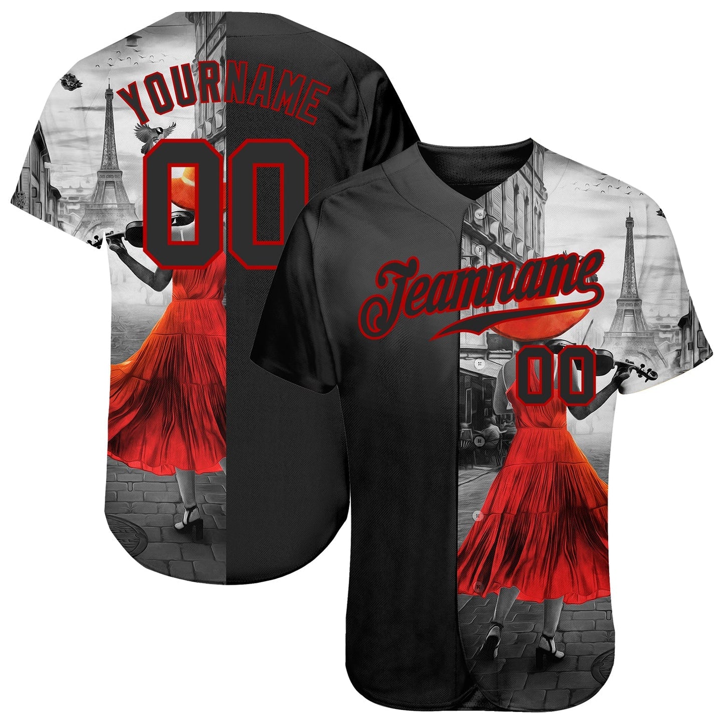 Custom Black Black-Red 3D Pattern Design A Girl With The Eiffel Tower Authentic Baseball Jersey baseball jersey product view 1